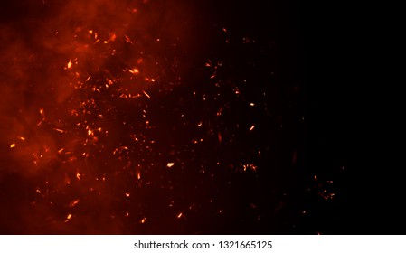 Smoke with fire embers particles texture overlays . Burn effect on isolated black background.