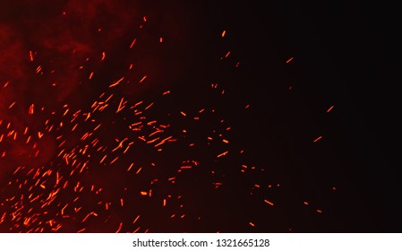 Smoke with fire embers particles texture overlays . Burn effect on isolated black background.