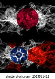 Smoke flags of Japan, Japanese and United States of America, America, US, USA, American, Wichita, Kansas 