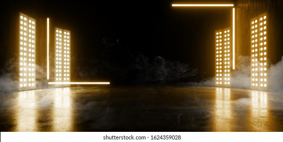 Smoke Fog Futuristic Sci Fi Yellow Pantone Glowing Laser Neon Beams Virtual Cyber Garage Stage Studio Hallway Parking Showcase 3D Rendering Illustration