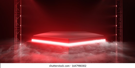 Smoke Fog Stage Podium Sci Fi Futuristic Led Neon Laser Light Vibrant Red Glowing Light Empty Cyber Virtual Alien Spaceship Garage Fashion Showcase 3D Rendering Illustration