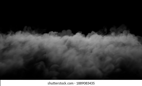 Smoke, fog, vapor floating on black background. Atmospheric Haze or mist effect. Realistic monochrome black and white illustration. Smoke Stream or cloud texture. Simulation in 3D.