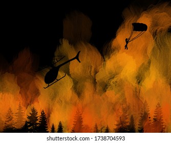 A Smoke Jumper Diving Into A Forest Fire