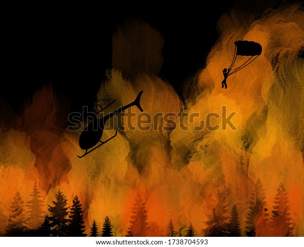 A smoke jumper\
diving into a forest\
fire