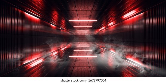 Smoke Laser Neon Studio Led Red Classic Light Pantone Color Futuristic Sci Fi Cyber Glowing Lights Warehouse Garage Underground Parking Room Empty Dark Night 3D Rendering Illustration