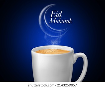 Smoke, Moon With White Mug. Eid Mubarak. Blue Background 3d Rendering Illustration.