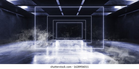 Smoke Neon Glowing Fluorescent Blue Laser Lights Stage Stadium Studio Hallway Tunnel Corridor Concrete Grunge Alien Modern Empty Futuristic Sci Fi 3D Rendering Illustration