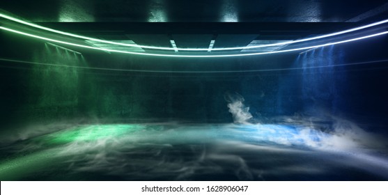 Smoke Neon Glowing Fluorescent Green Blue Laser Lights Stage Stadium Studio Hallway Tunnel Corridor Concrete Grunge Alien Modern Empty Futuristic Sci Fi 3D Rendering Illustration