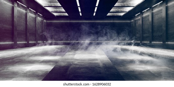 Smoke Neon Glowing Fluorescent Purple Blue Laser Lights Stage Stadium Studio Hallway Tunnel Corridor Concrete Grunge Alien Modern Empty Futuristic Sci Fi 3D Rendering Illustration