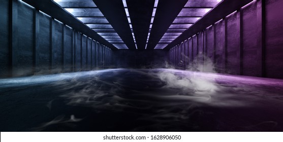 Smoke Neon Glowing Fluorescent Purple Blue Laser Lights Stage Stadium Studio Hallway Tunnel Corridor Concrete Grunge Alien Modern Empty Futuristic Sci Fi 3D Rendering Illustration