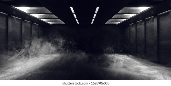 Smoke Neon Glowing Fluorescent White  Laser Lights Stage Stadium Studio Hallway Tunnel Corridor Concrete Grunge Alien Modern Empty Futuristic Sci Fi 3D Rendering Illustration