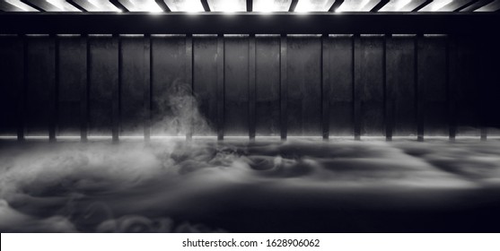 Smoke Neon Glowing Fluorescent White  Laser Lights Stage Stadium Studio Hallway Tunnel Corridor Concrete Grunge Alien Modern Empty Futuristic Sci Fi 3D Rendering Illustration