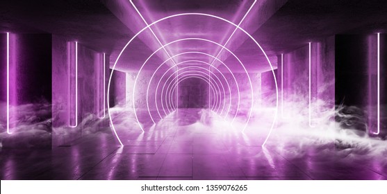 Smoke Sci Fi Cirlce Track Path Neon Cyber Futuristic Modern Retro Alien Dance Club Glowing Purple Pink Lights In Dark Empty Grunge Concrete Reflective Room Corridor Background 3D Rendering 