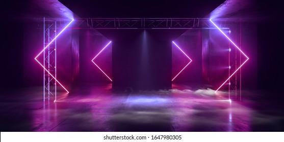 Smoke Sci Fi Futuristic Triangle Arc Gate Neon Laser Pantone Purple Pink Blue  Modern Alien Fashion Dance Club Showroom Garage Tunnel Corridor Concrete Cyber Virtual 3D Rendering Illustration