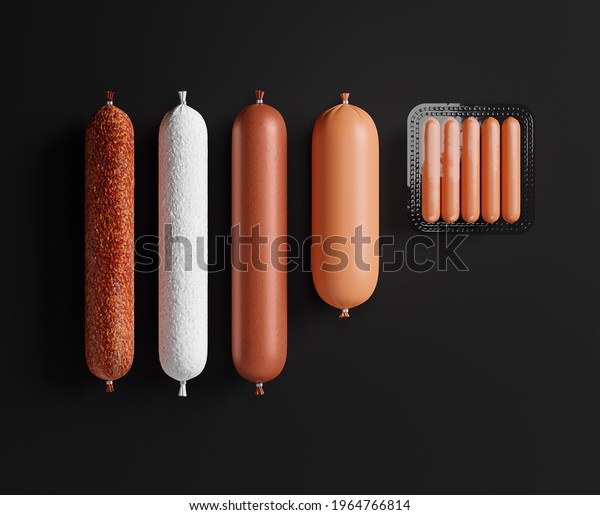 Smoked sausage
stick, dry salami sausage, doctor sausage, plastic tray of fresh
raw sausages isolated on black background top-view. Packaging
template mockup collection. 3D
rendering.