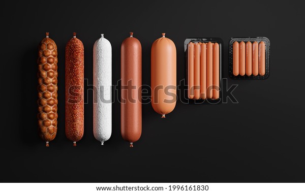 Smoked\
sausage stick, dry salami sausage, doctor sausage, plastic tray of\
fresh raw sausages isolated on black background top-view. Packaging\
template mockup collection. 3D\
illustration.