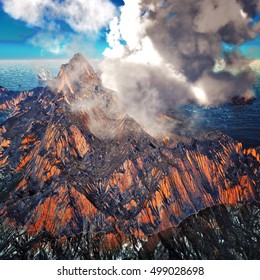 Smoking caldera of the volcano 3d rendering