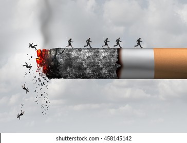 Smoking death and danger concept as a cigarette burning with people falling and escaping the hot burning ash as a metaphor causing lung cancer and lethal health risks with 3D illustration elements.