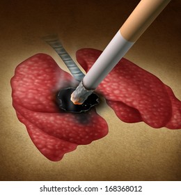 Smoking Health Effects Concept As A Cigarette Burning A Hole Into Human Lungs As A Medical Metaphor For Lung Cancer And Tumor Growth From Toxic Smoke Exposure From A Smoker Or Secondhand Fumes.