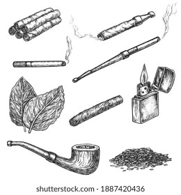 Smoking, Snuff And Chewing Tobacco Hand Drawn Sketch Set. Engraved Cigar, Cigarette, Cigarillo In Paper Roll, Smoking Pipe, Tobacco Leaf And Powder Illustration Isolated On White Background