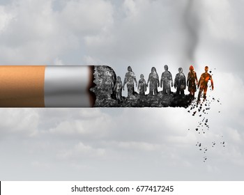 Smoking And Society Smoker Death And Smoke Health Danger Concept As A Cigarette Burning With People Falling As Victims In Burning Ash As A Metaphor Of Lung Cancer Risks With 3D Illustration Elements.