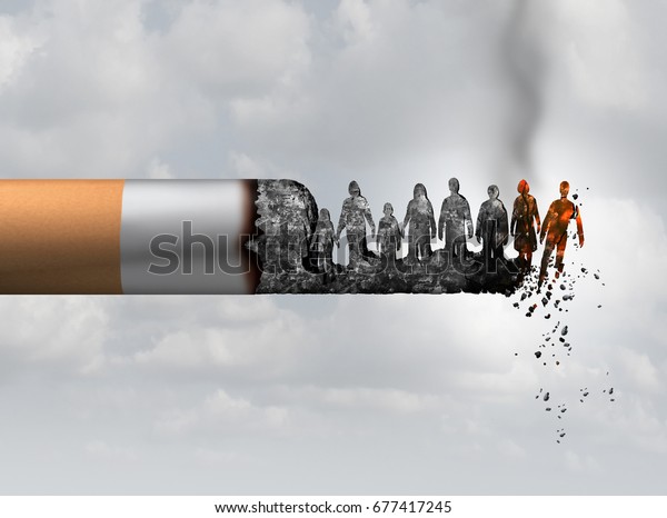 Smoking and society smoker death and smoke\
health danger concept as a cigarette burning with people falling as\
victims in burning ash as a metaphor of lung cancer risks with 3D\
illustration\
elements.