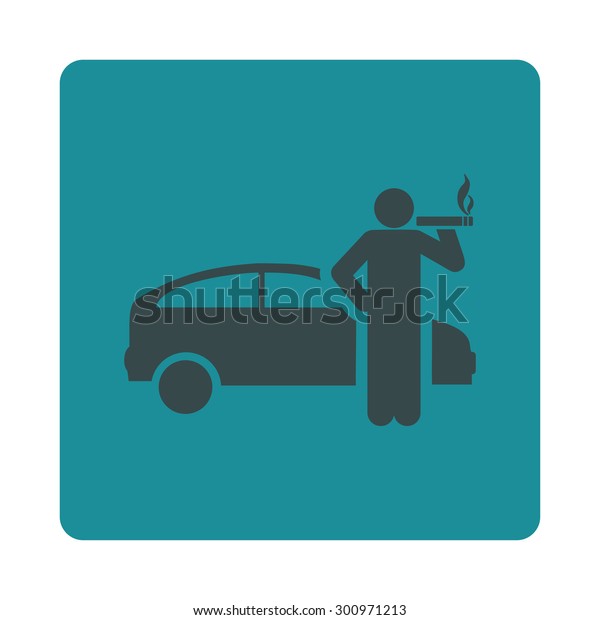 Smoking taxi driver\
icon. Glyph style is soft blue colors, flat rounded square button\
on a white\
background.