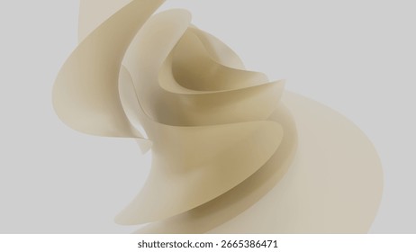 A smooth abstract composition featuring flowing beige spiral shapes twisting gracefully in space. The minimal color palette and soft lighting create a calm, elegant atmosphere. 3D render