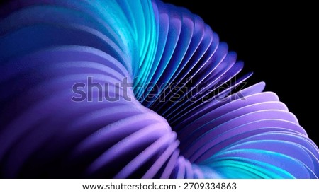 Smooth, abstract spiral shape rotating slowly with purple and cyan neon colors against a dark background, creating a mesmerizing and seamless futuristic looping animation for modern design projects