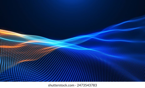 Smooth glowing digital waves. Yellow and blue gradient waves with soft light and bokeh. Future technology, science, and artificial intelligence background. Big data flow. 