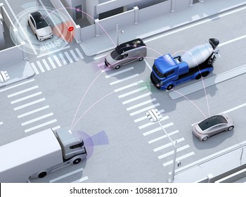 Smooth traffic in crossroad. Concept for advantage autonomous technology. 3D rendering image. - Powered by Shutterstock