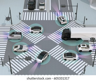 Smooth Traffic In Crossroad. Concept For Advantage Autonomous Technology. 3D Rendering Image.