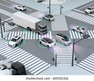 Smooth Traffic In Crossroad. Concept For Advantage Autonomous Technology. 3D Rendering Image.