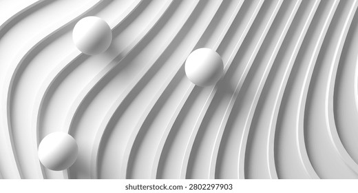 Smooth undulating ridged surface in monochrome with three floating spheres casting soft shadows, creating a modern abstract backdrop for product or graphic layouts.