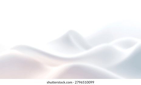 Smooth white 3D rendered waves create a minimalist landscape of soft undulating hills with gentle light and shadow gradients in a clean studio setting