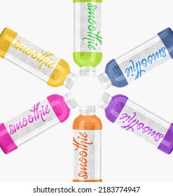 Smoothie Bottles Set, Fresh Vegetable Detox Juices, Fruit Drinks Of Various Flavors Lemon, Grapefruit, Watermelon, Apple, Blueberry. Plastic Clear Containers With Label Design, Pack. 3D Illustration