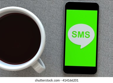 SMS, message on speech bubble with smart phone and and coffee, 3D rendering