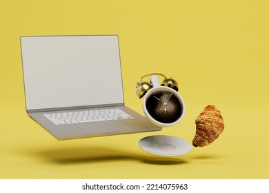 snack before work. a cup of coffee in the form of an alarm clock, a croissant and a laptop. 3D render.