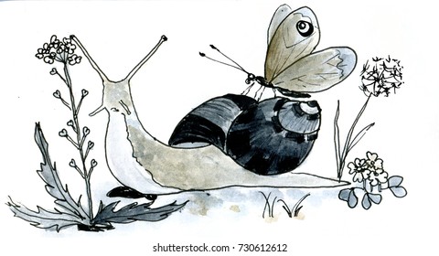 Snail With Buterfly Watercolor Illustration