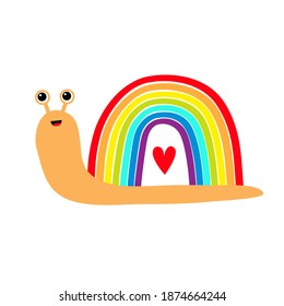 Snail insect bug on white background. Rainbow color house shell. Cute cartoon kawaii baby funny character. Red heart. Colorful line set. Greeting card. LGBT community. Flat design. 