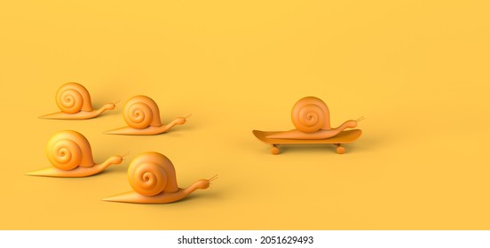 Snail On Skateboard Winning Slow Snail Race. Copy Space. 3D Illustration.