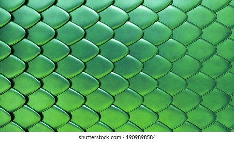 Snake Or Dragon Green Skin With Scales. Fantasy Texture. 3D Rendered Background.