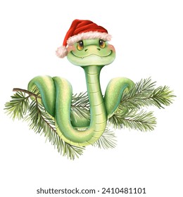 Snake on fir branch. Cute illustration of green snake in Santa hat, isolated on white background