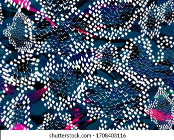 Snake Skin Random Texture. Vibrant Geometric Swimwear Pattern. Classic Blue And Indigo Watercolor Ethnic Design. Summer Rhombus Background. Geo Symmetric Ikat Rapport. Ethnic Seamless Pattern.