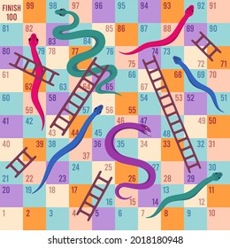 Snakes And Ladders. Kids Dice Board Game. Climbing Puzzle Map For Children Play Activity. Fun Traveling Boardgame Cartoon  Template. Illustration Children Game, Boardgame Leisure