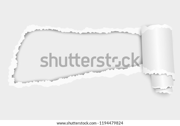 Snatched hole in\
sheet of white paper with soft shadow, paper curl and white\
background. Paper mockup\
illustration.
