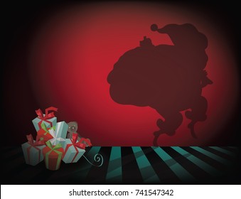 Sneaky Cartoon Santa Claus Shadow Tiptoeing Away From A Stack Of Gifts. Background With Copy Space.