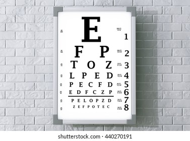 Snellen Eye Chart Test Box In Front Of Brick Wall. 3d Rendering