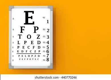 Snellen Eye Chart Test Box In Front Of Orange Wall. 3d Rendering