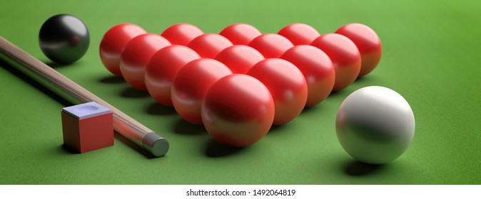 Snooker Billiard Table, Pool Balls Set In A Triangle Shape On Green Felt, Closeup View, Banner. 3d Illustration